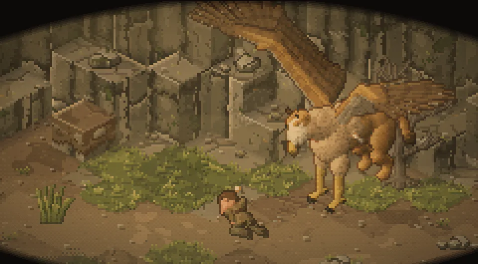 A griffin landing beside the fallen hero