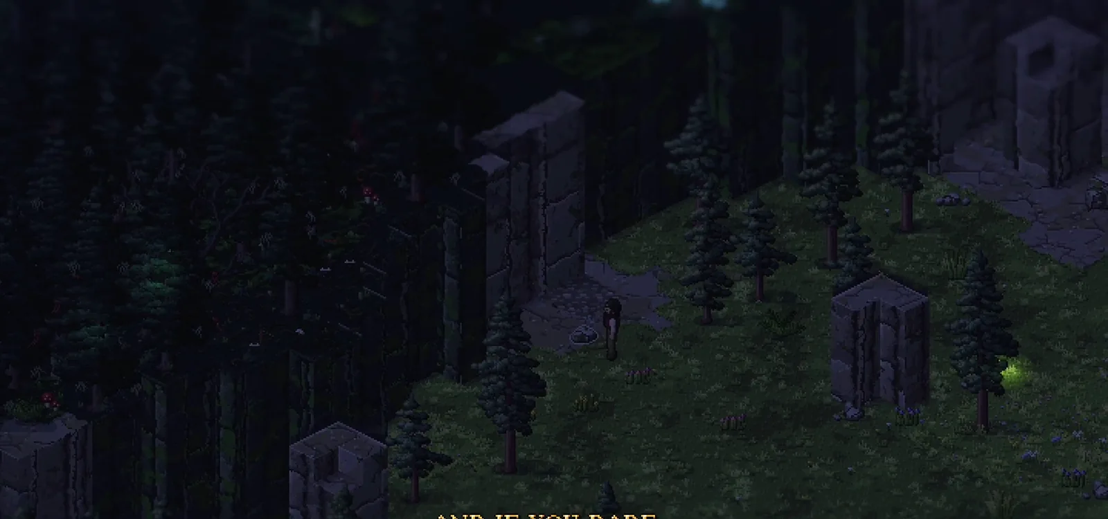 Standing stones in a dark forest at night in the Vyorna